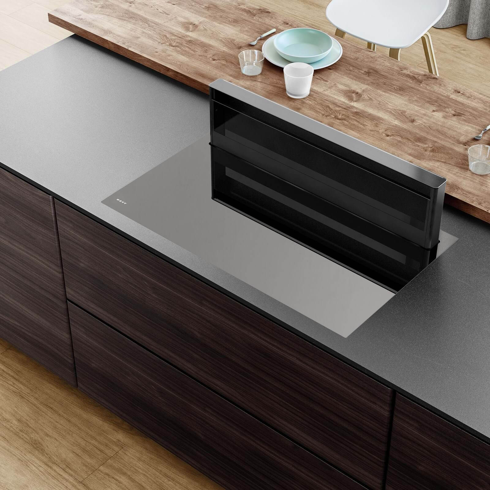 Pure recirculating range hood cooking without odours Novy